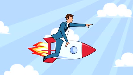 flat cartoon businessman character  fly on rocket startup concept animation