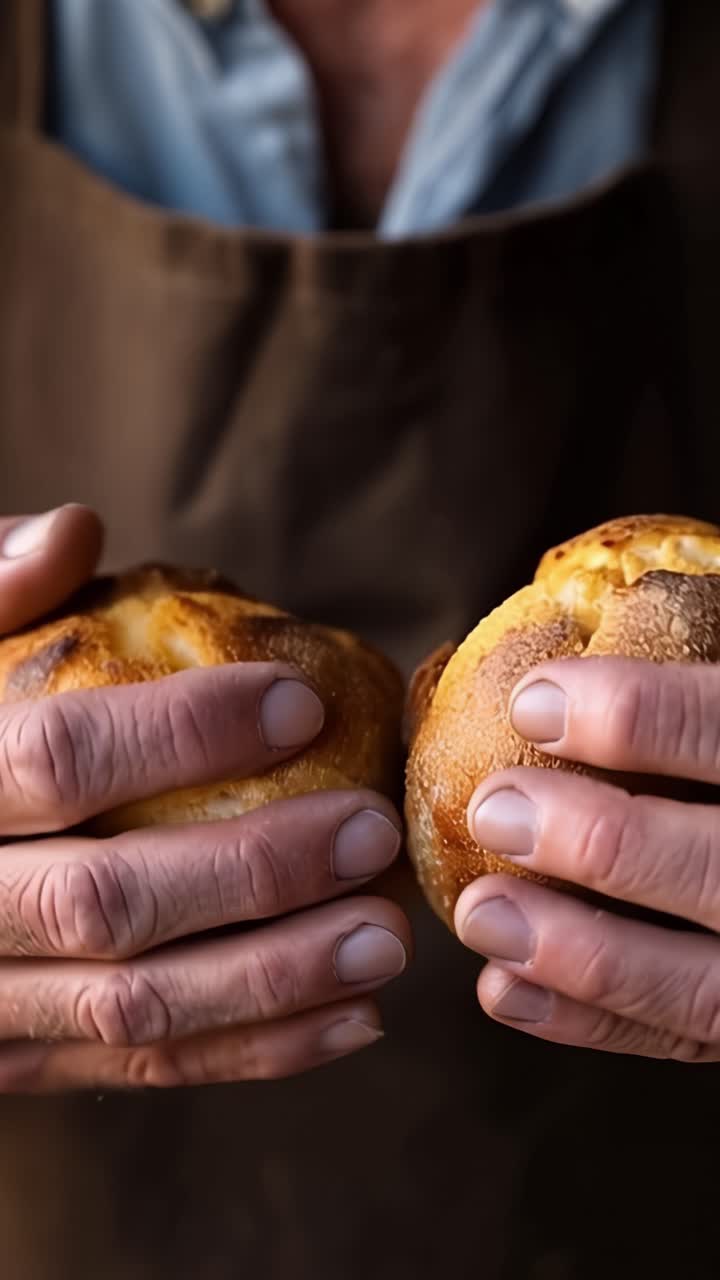 Artisan Baker Holding Freshly Baked Bread Rolls in Hands: A Close-Up Look at Textured Crust and Golden Color of Homemade Bread from the Oven
