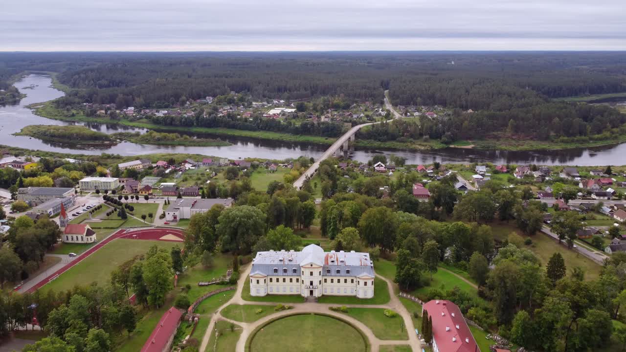 Kraslava township and castle of bank of Daugava river, aerial view