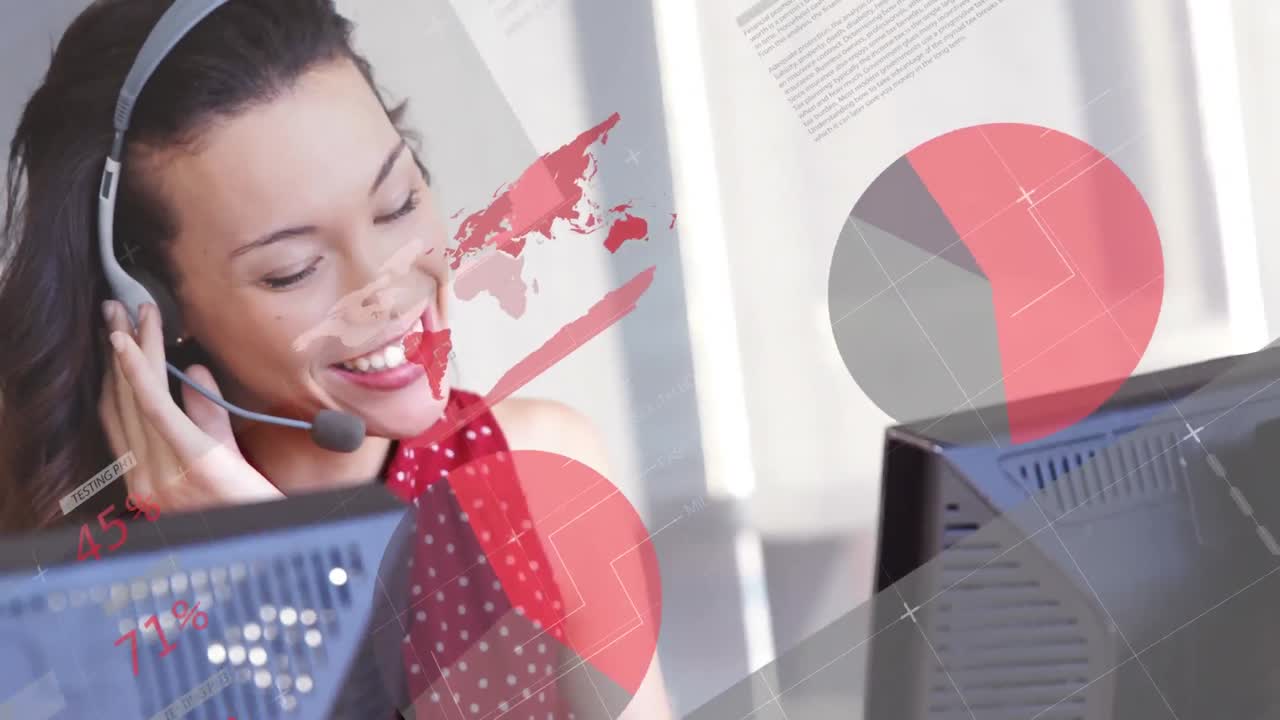 animación de estadísticas y procesamiento de datos sobre una mujer de negocios con auriculares de teléfono