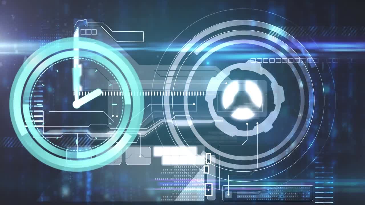 Animation of clock moving over screen with diverse data