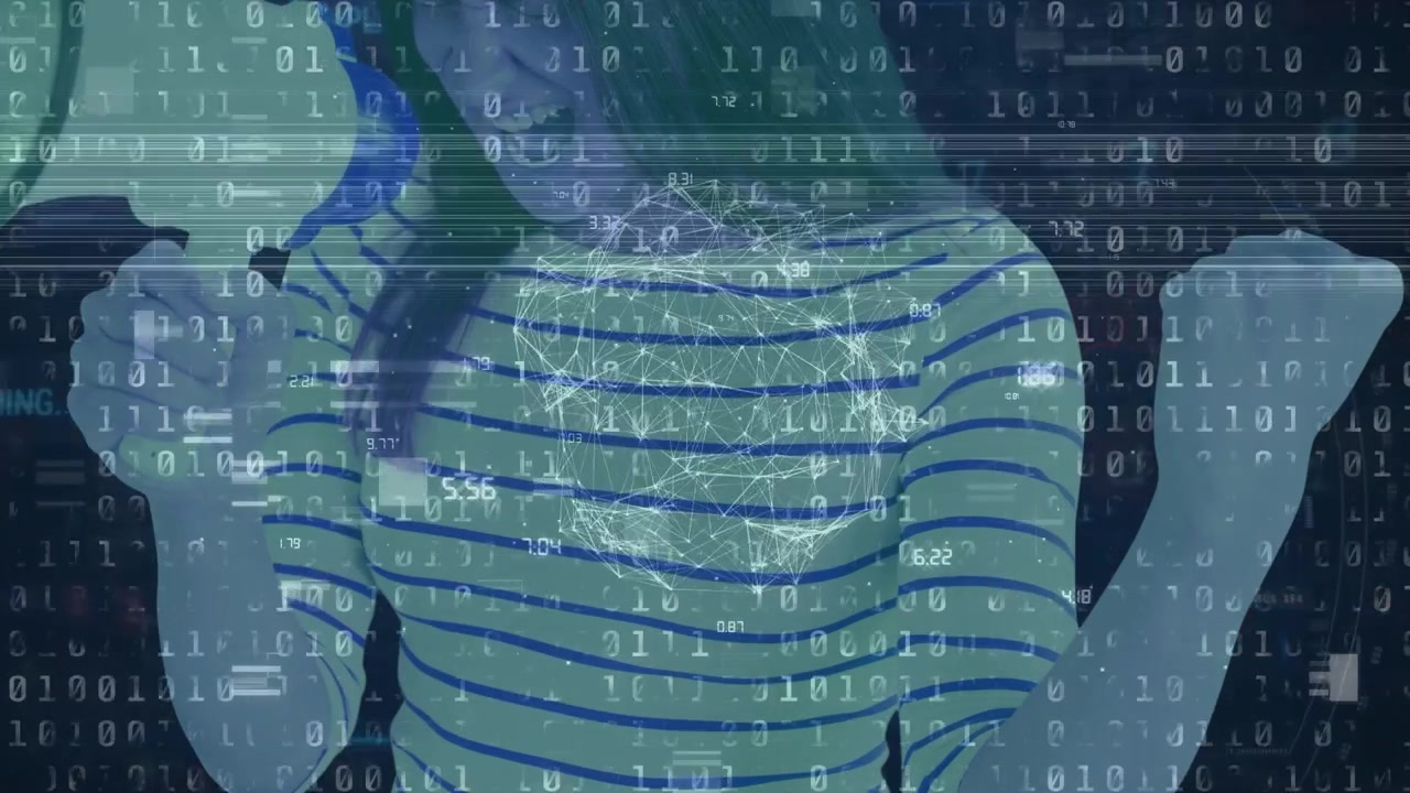Animazione di punti rossi ed elaborazione dati su una donna caucasica.