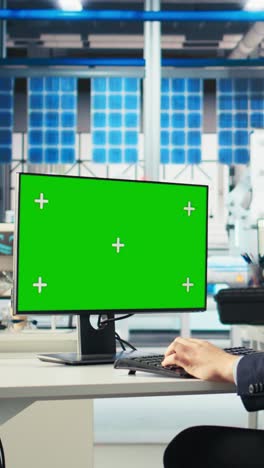 vertical video photovoltaics factory engineer using mockup pc improving solar panels efficiency