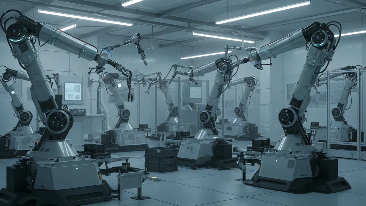 A futuristic automation facility with multiple robotic arms working in unison, showcasing advanced technology and precision in a controlled environment