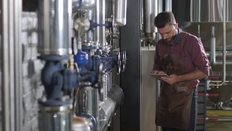 young male brewer wearing a leather apron supervise the process of beer fermentation at a modern brewery factory