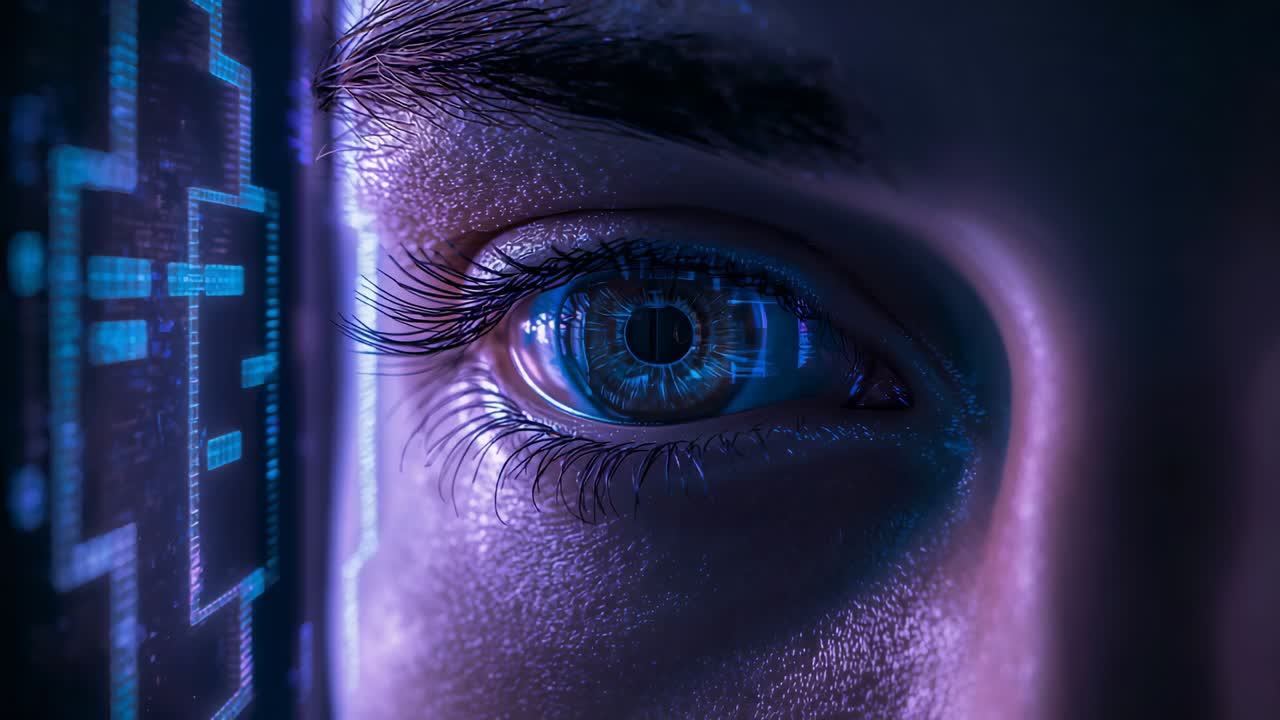 Panel intensifying, right eye fixating in close-up and brightening iris, forming radial cyan glow