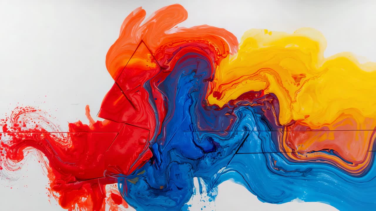 Starting red paint flowing on white desk, blue and yellow paints merging over black triangles
