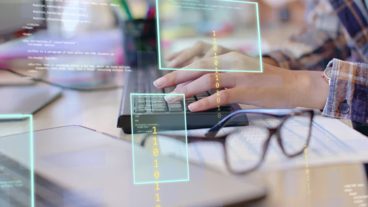 animación de procesamiento de datos sobre las manos de una mujer de negocios biracial usando computadora en una oficina casual