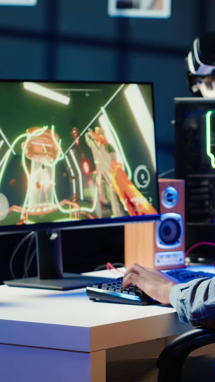 Vertical video Gamer celebrating winning online multiplayer videogame, pumping fists in air