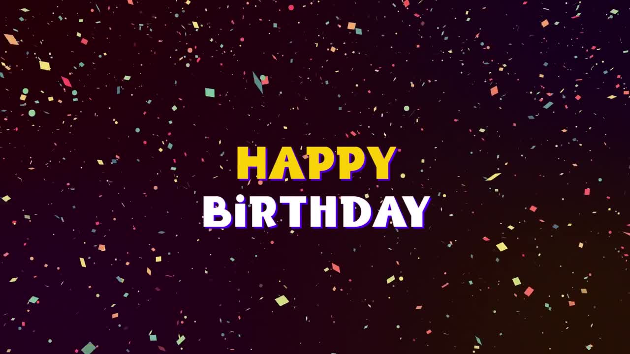 animación del texto de feliz cumpleaños sobre confeti colorido que cae