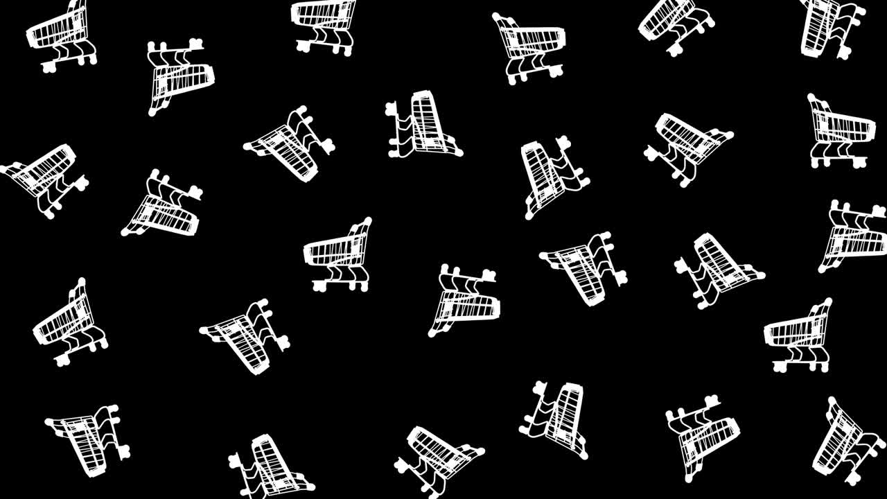 검은색 배경에서 흔들리는 색의 많은 빈 쇼핑 카트와 함께 원활한 루핑 애니메이션, 복사 공간과 함께 블랙 프라이데이 컨셉