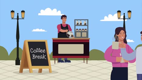 animado de escena al aire libre del trabajador de la cafetería