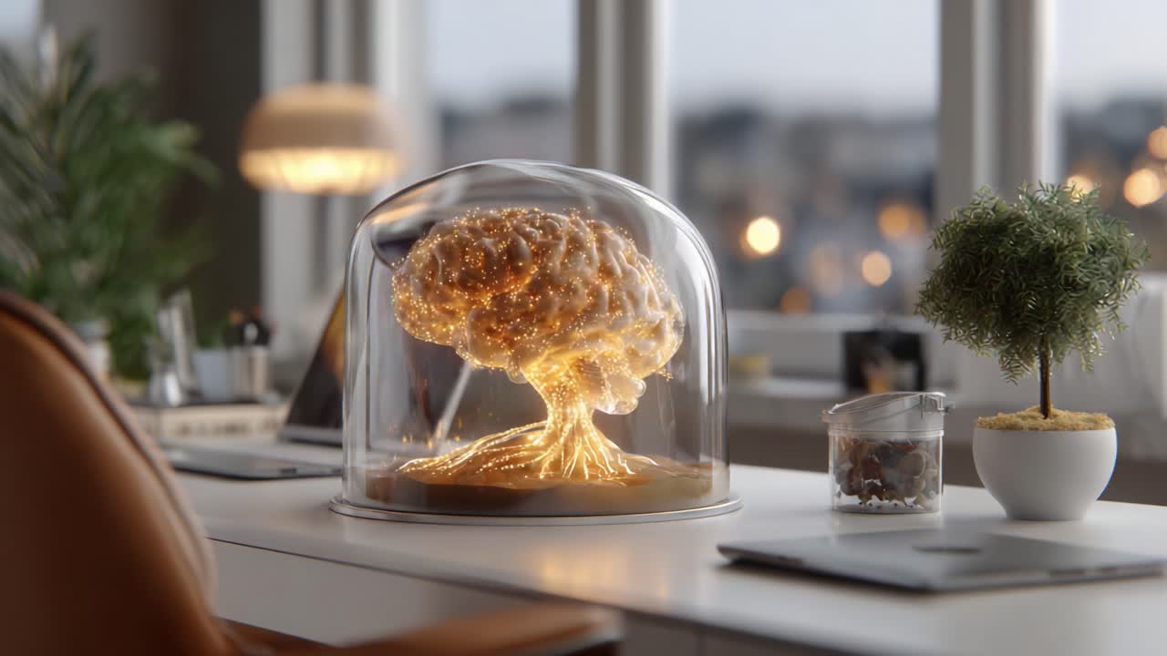 Glowing Brain in Glass Dome: A Captivating Representation of Intelligence and Creativity Illuminating a Modern Workspace