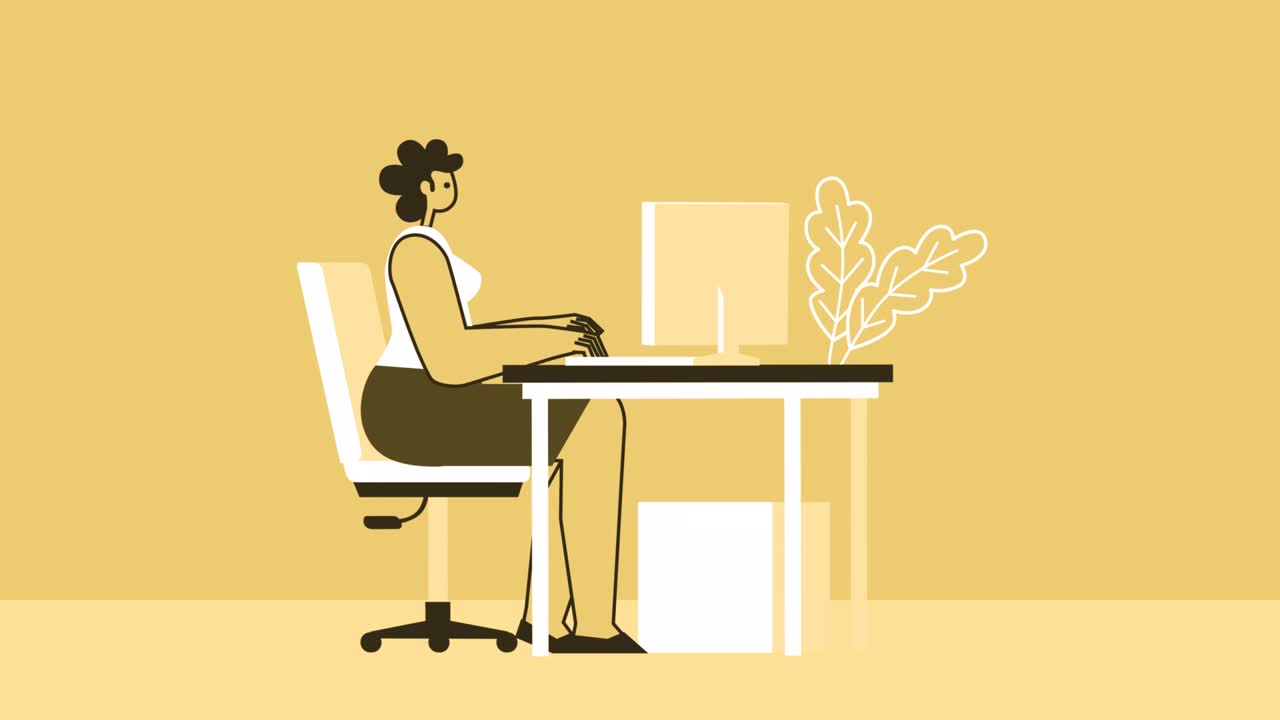 mujer de estilo amarillo personaje plano trabajando en la computadora. animación de bucle aislado con asuntos alfa