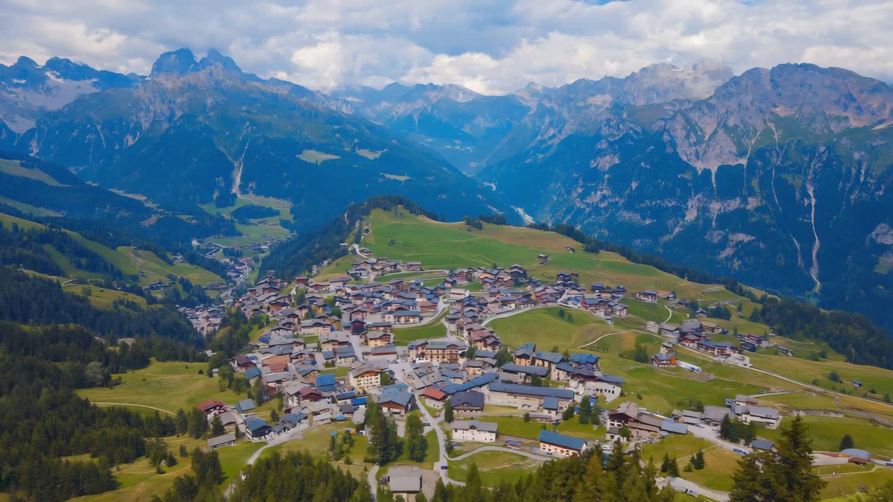Aerial view of a mountain village in the Alps