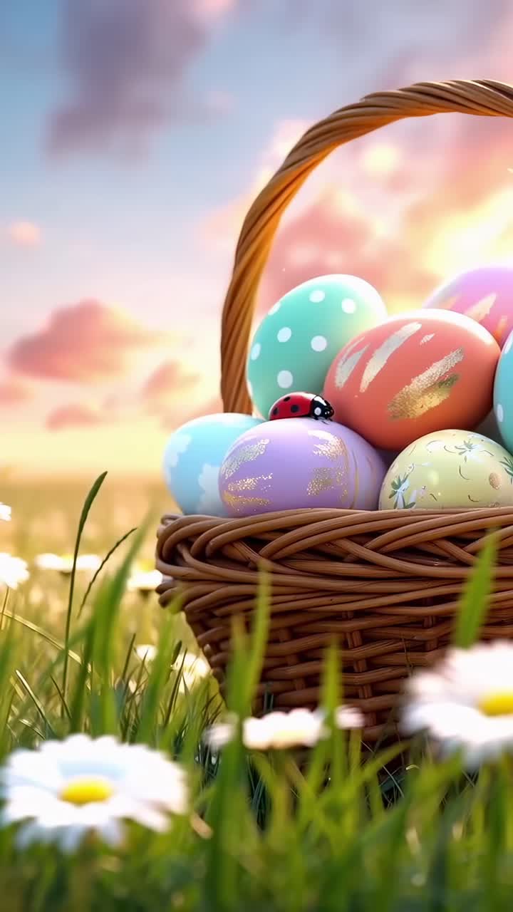 Video con angolazione dal basso di un cesto di vimini con uova di Pasqua colorate in un prato al tramonto
