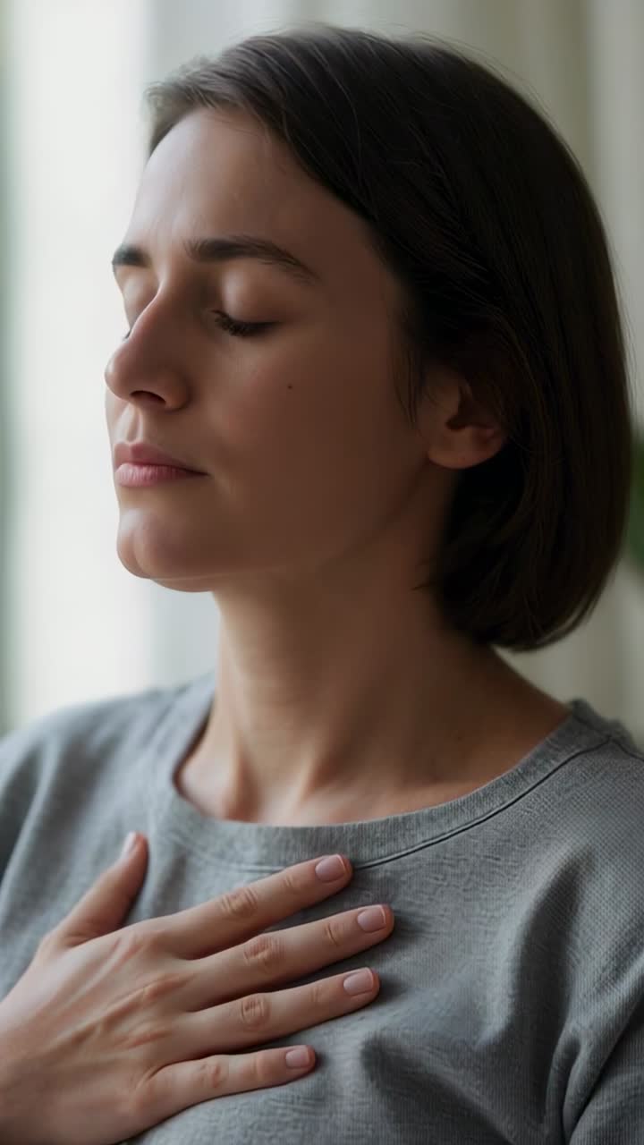 Video verticale: donna che respira, con la mano destra sul petto vicino alla finestra, che medita indossando un maglione grigio