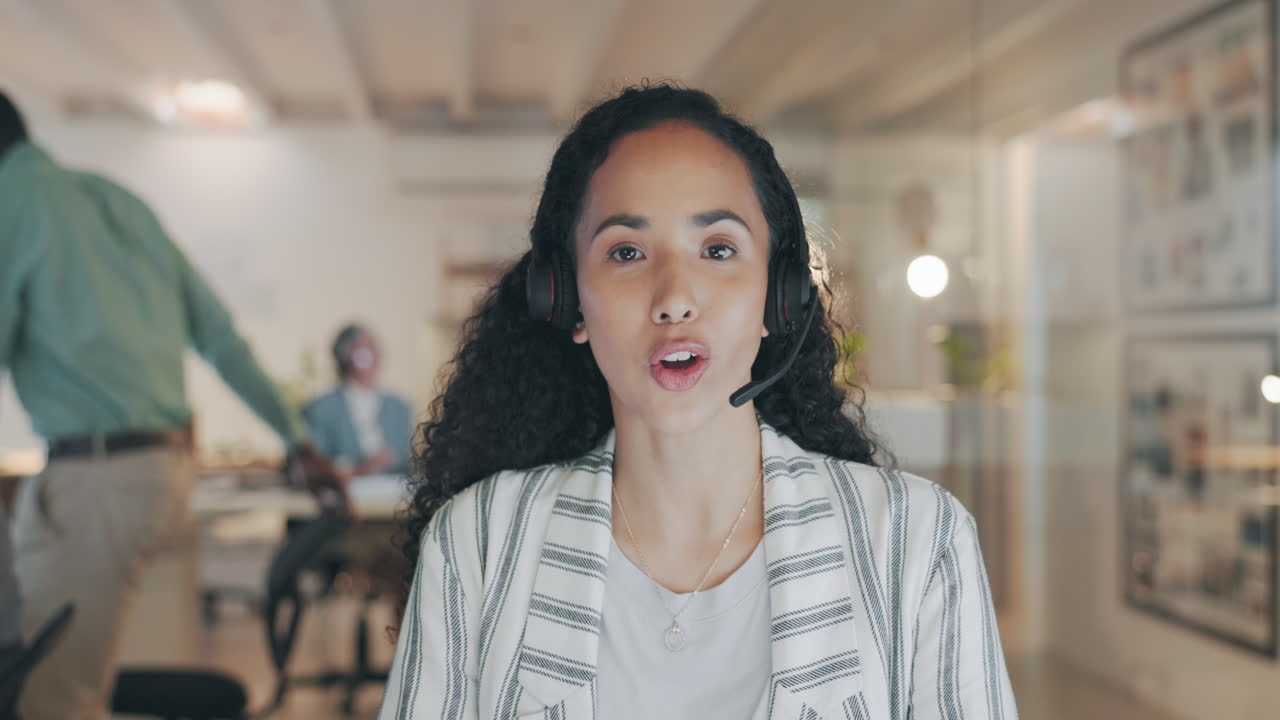 Call center face, video call and business woman