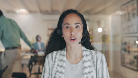 Cara-De-Centro-De-Llamadas,-Videollamada-Y-Mujer-De-Negocios.