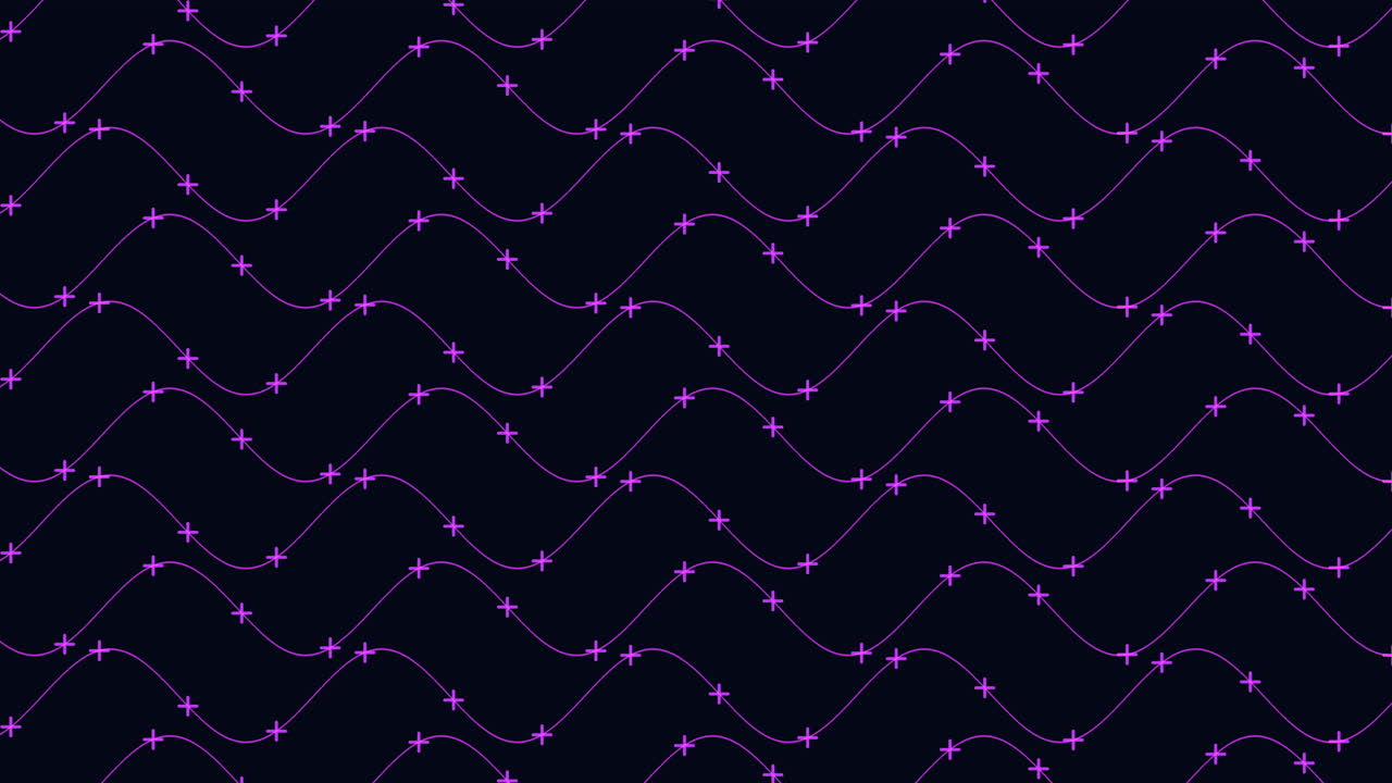 Waves pattern with neon crosses on black gradient