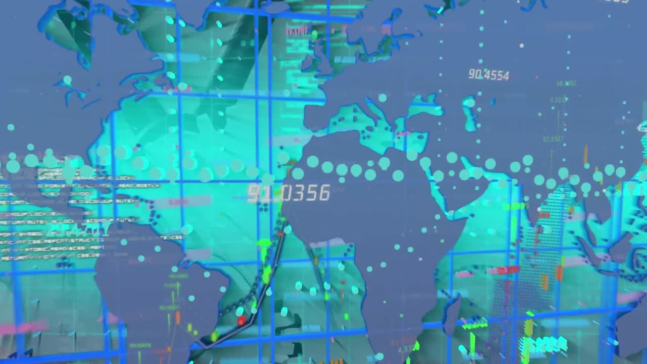 Animation of financial data processing over world map on blue background