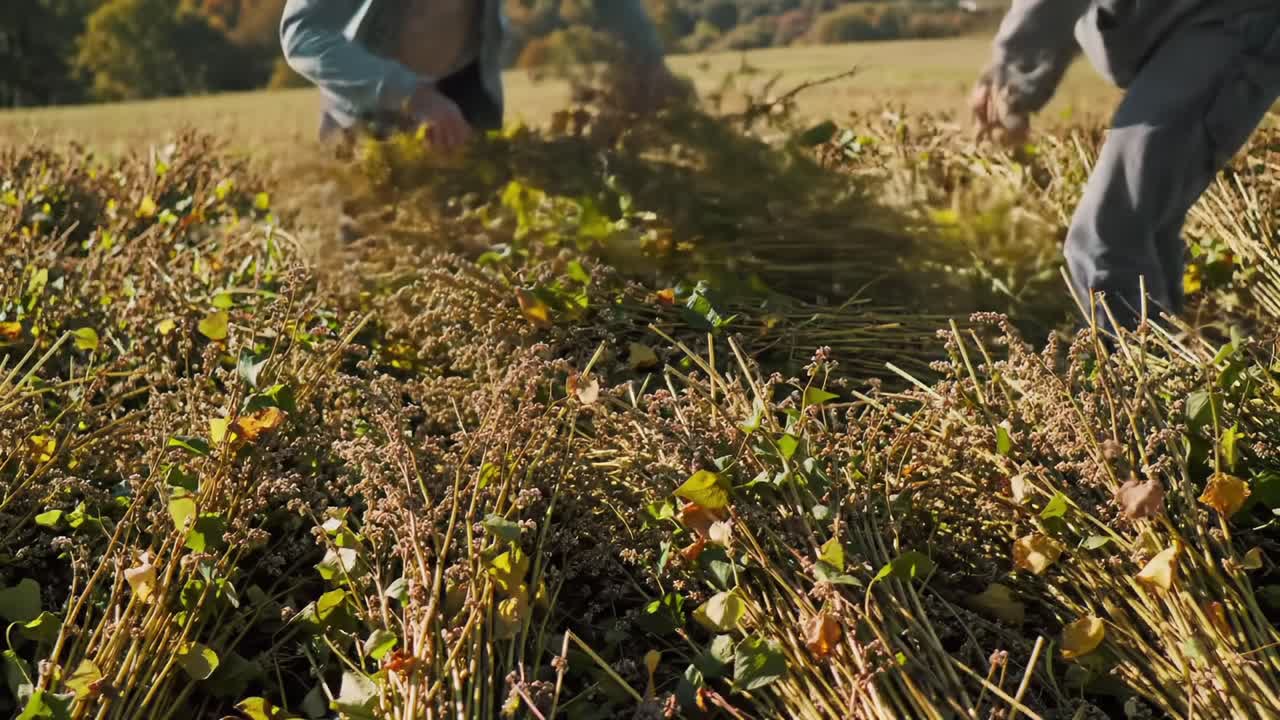 Harvesting Crops in a Field During Autumn With Workers Collecting Plants and Preparing for Storage