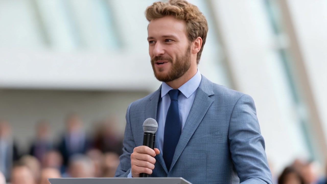 Un Giovane Oratore Fiducioso Coinvolge il Pubblico con Entusiasmo: Momenti Coinvolgenti di Oratoria con una Presenza Carismatica