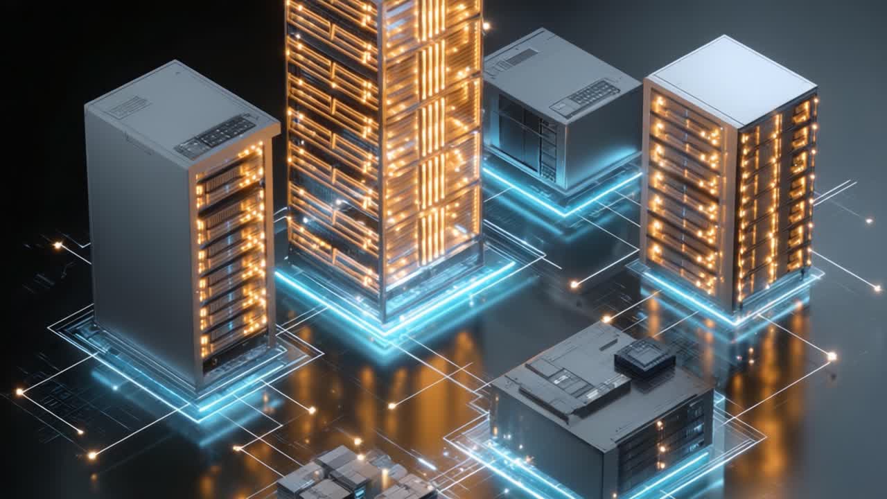 A Stunning Visual Representation of Modern Data Centers Featuring High-Tech Servers Illuminated by Neon Blue and Orange Lighting in an Advanced Digital Environment