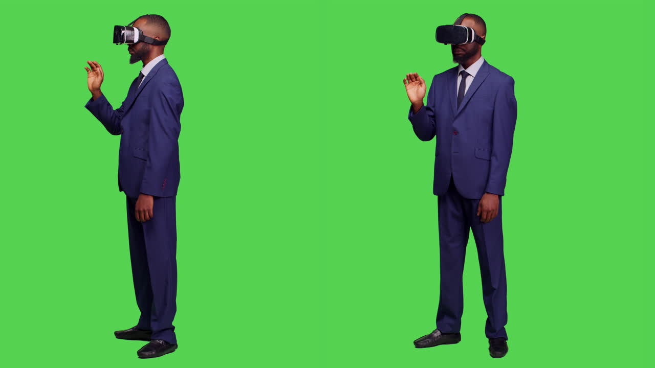 Homem com óculos de realidade virtual em tela verde