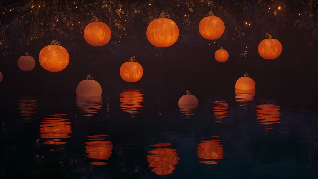 Pumpkin lanterns hanging over nighttime pond showing rippling reflections with drifting sparkles