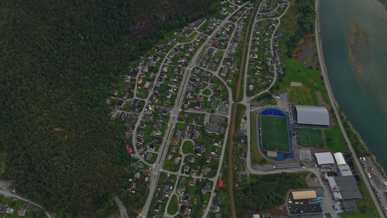 Drone perspective of fjord-side village Andalsnes in Norway