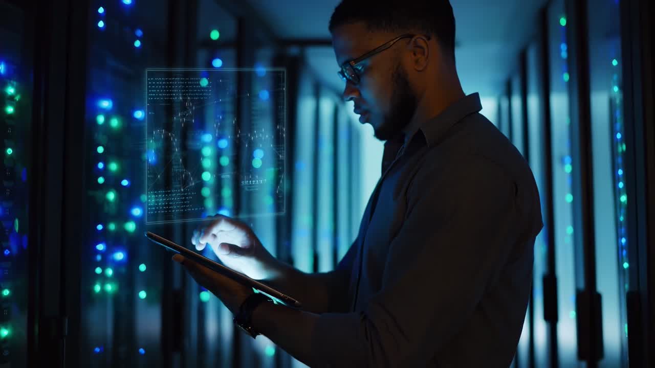 A man in a server room, side angle, typing on a tablet