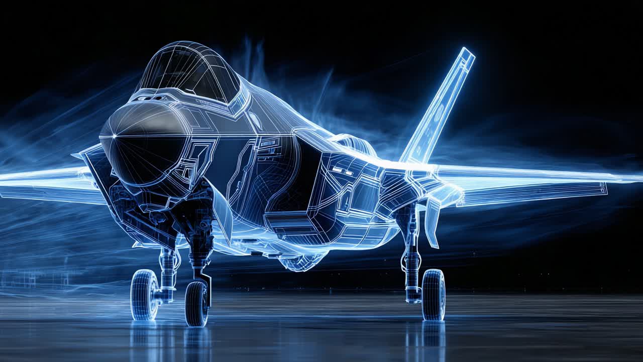Futuristic Representation of a High-Tech Jet Fighter in Holographic Style Showcasing Advanced Aerodynamics and Design Principles Captured in Two Striking Frames