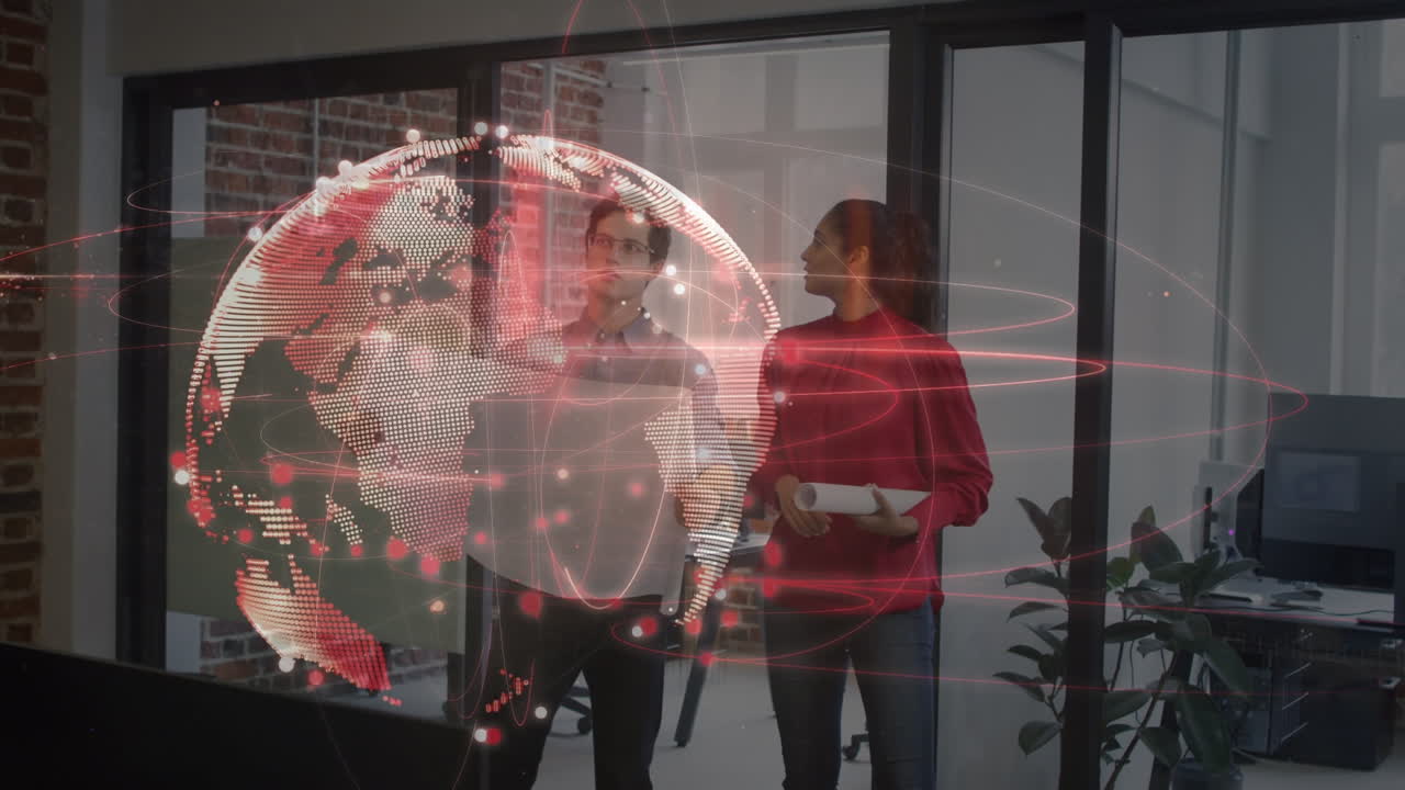 animación del globo y puntos sobre diversas personas de negocios discutiendo