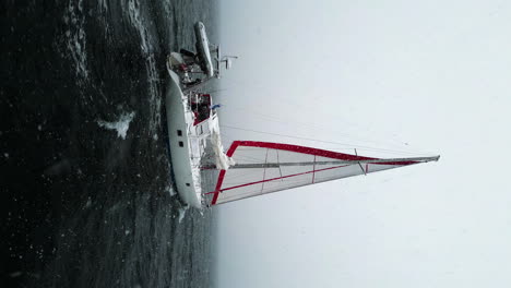 sailboat sailing on the main ocean, during snowfall - vertical, drone shot