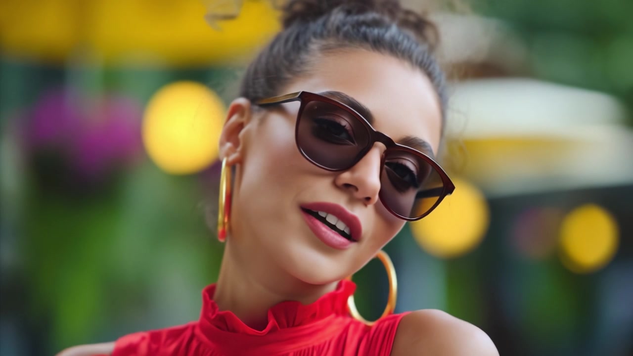 Stylish Woman in Sunglasses and Red Dress Posing Confidently Against a Colorful Background with Soft Bokeh Effect, Capturing Chic Summer Fashion Vibes