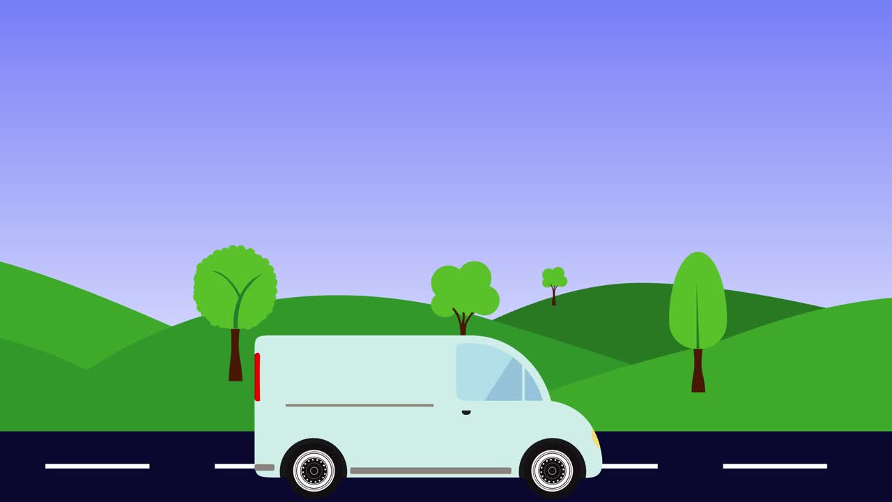 자연 풍경 애니메이션 언덕, 도로에서 달리는 자동차, 평평한 디자인, 원활한 루프