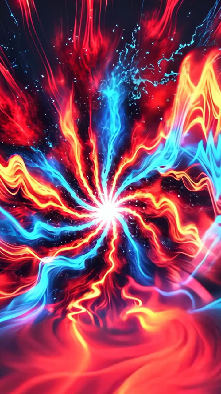 Vertical video: Spawning vortex spiraling red and blue streams around ignited core in void, pulsing