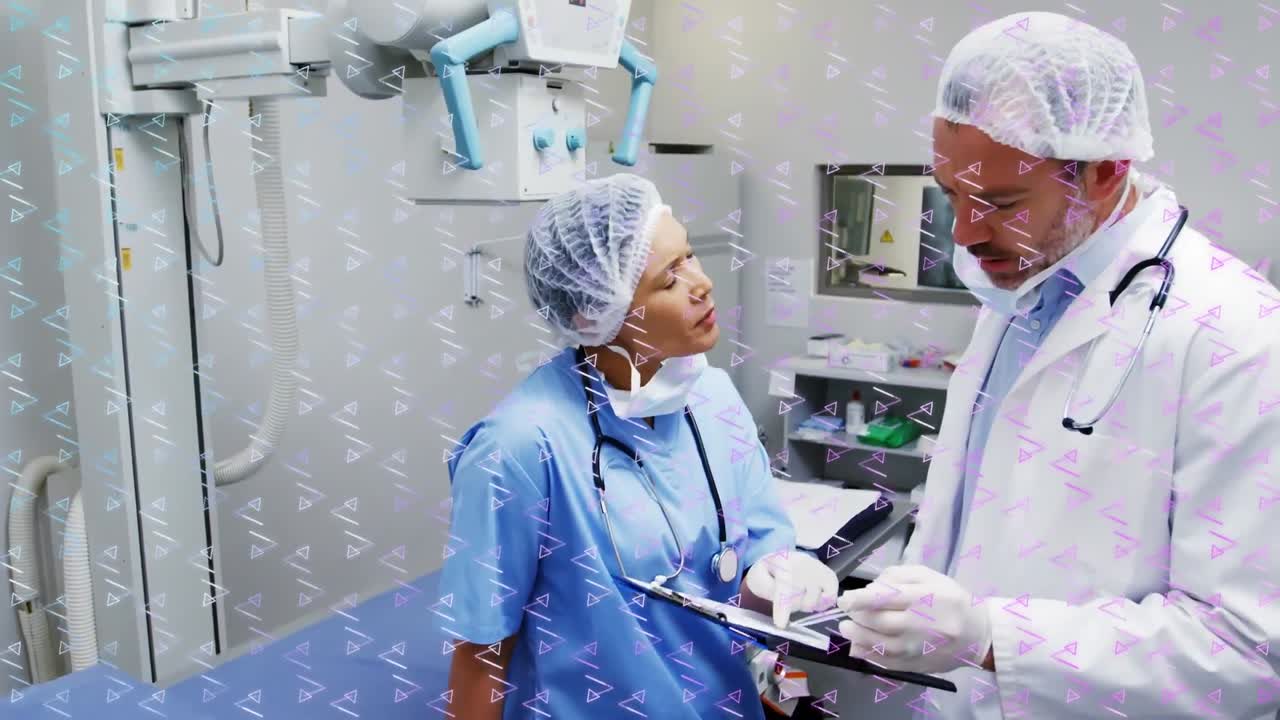 animación de filas de patrones sobre diversos cirujanos discutiendo.