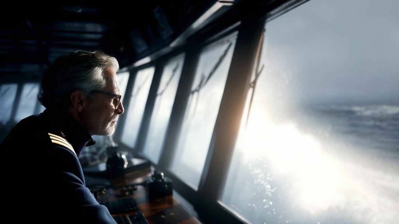 A ship's captain navigates through tumultuous waters, contemplating the challenges of the raging sea from the safety of the bridge, embodying strength and resilience in stormy conditions