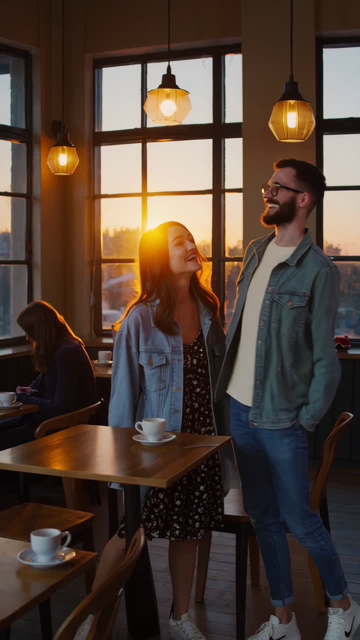 Casal desfrutando de um encontro para café em um café ao pôr do sol