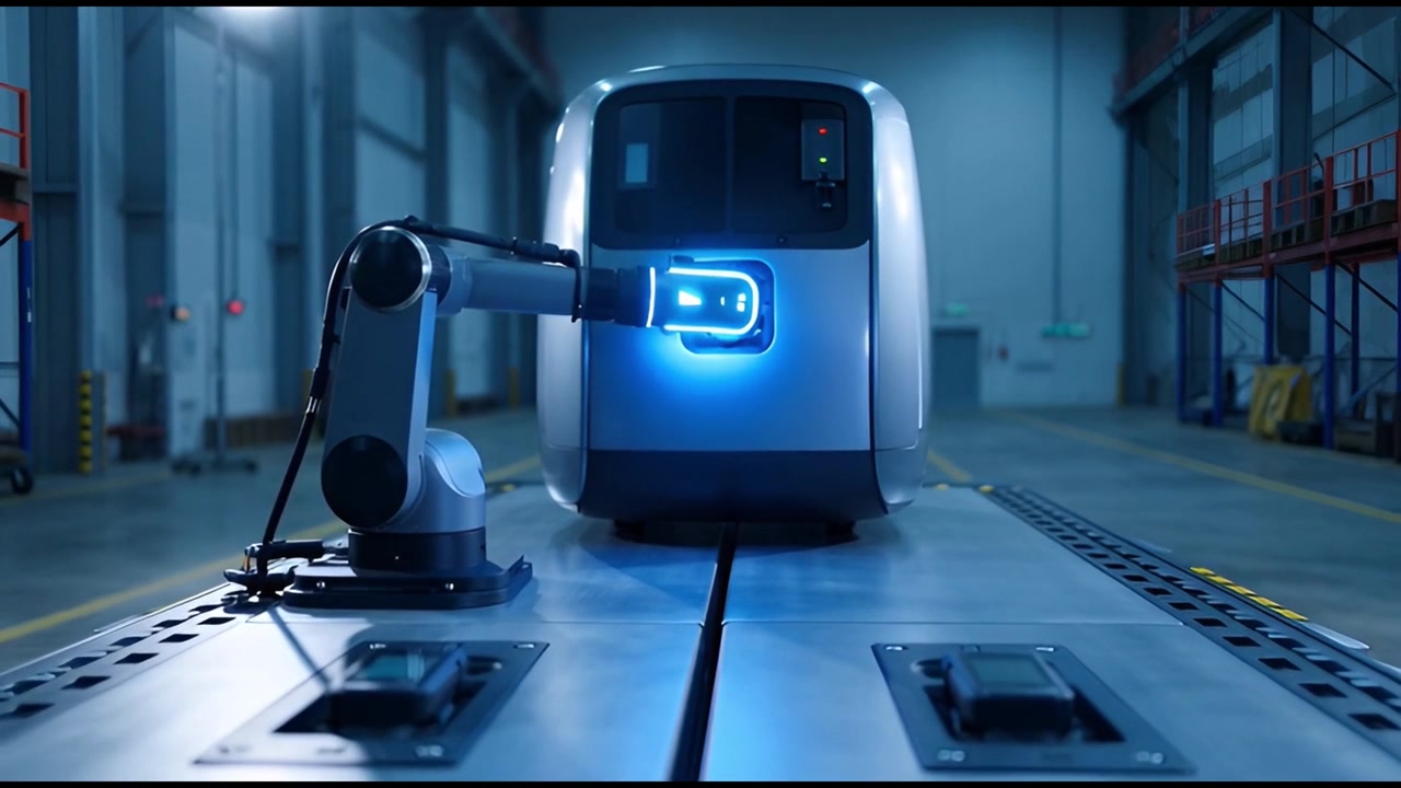 Lengan Robotik Mengisi Daya Kendaraan Otonom di Pabrik Futuristik