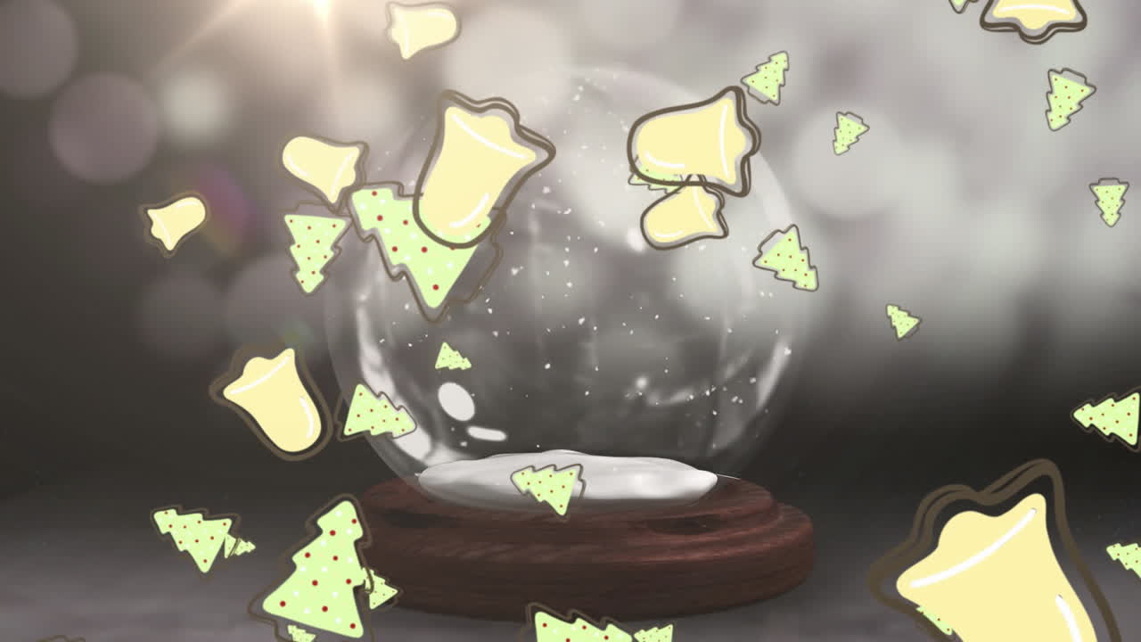 크리스마스 트리 와 벨 아이콘 이 회색 배경 에 있는 스노우 글로브 주위 의 별 을  ⁇ 고 떨어지고 있다