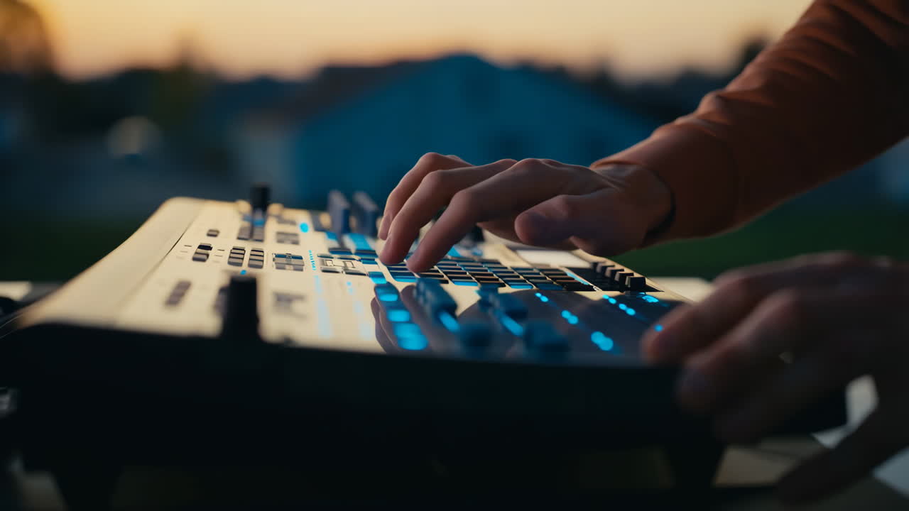 Hands playing an electronic music synthesizer at dusk