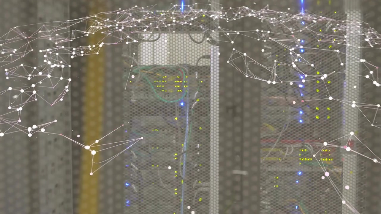 On network event nodes emerging lower-left crossing across top forming over mesh rack showing load