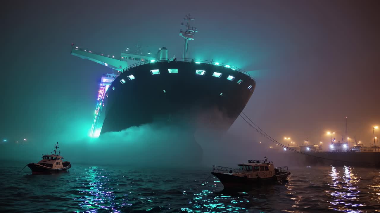 Large Cargo Ship in Fog at Night