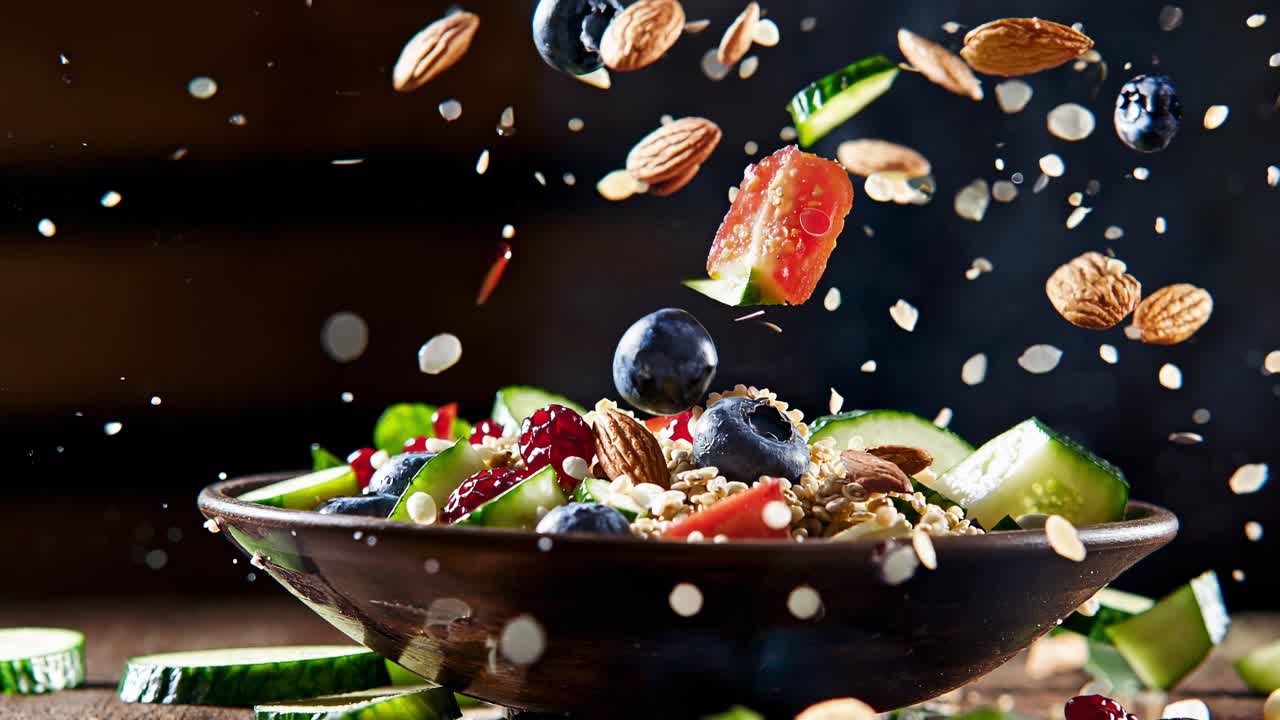 Fresh and colorful salad ingredients such as blueberries, cucumber slices, tomato wedges, almonds, and grains are exploding upwards from a bowl, creating a dynamic and appetizing visual