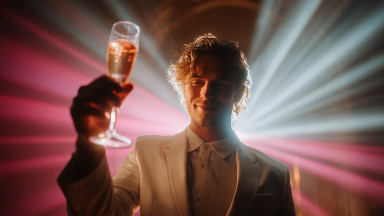 A Well-Dressed Individual Celebrating with a Glass of Sparkling Beverage, Illuminated by Colorful Light Rays in a Joyous Atmosphere, Perfect for Festive Occasions or Celebrations
