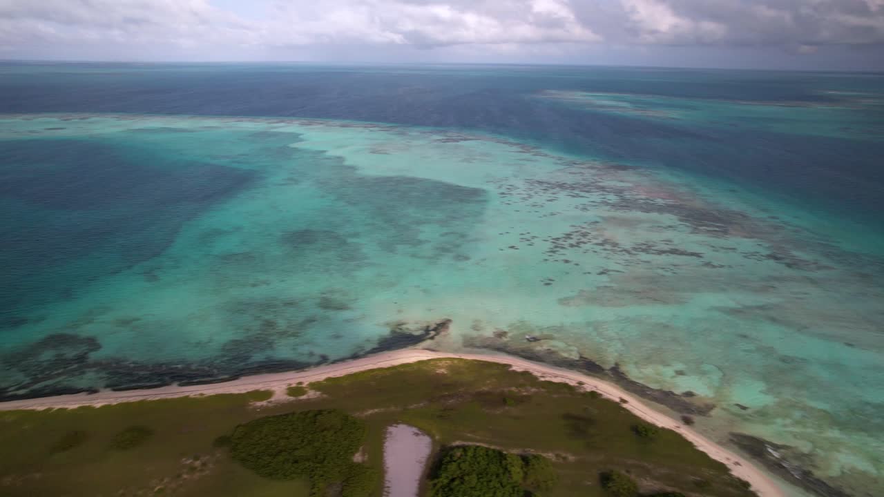 Veduta aerea dell'oceano, splendida barriera corallina tropicale e costa, Arcipelago di Los Roques, panoramica a destra.