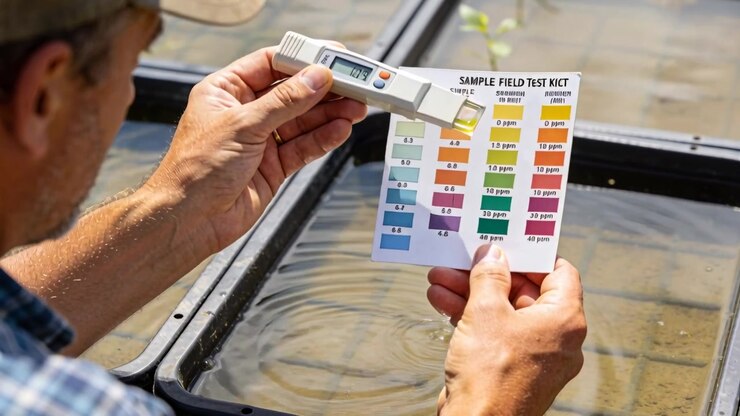 Dipping tech in blue plaid testing water at nursery matching yellow tester to chart, copy space